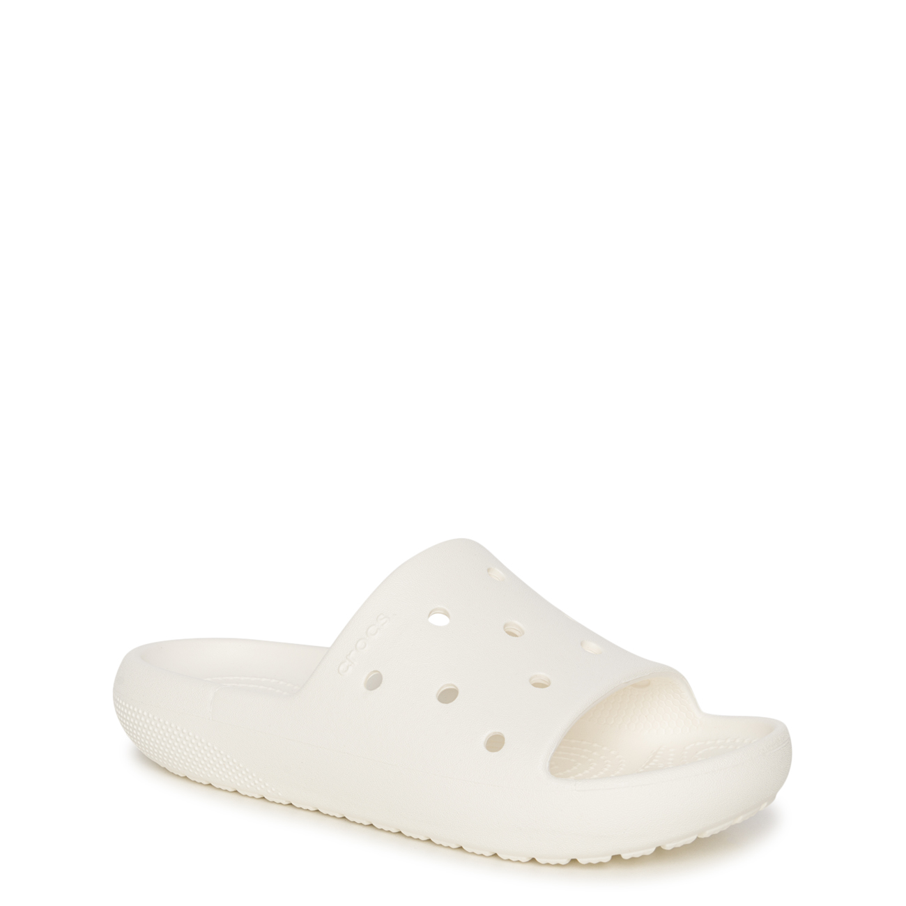 White Crocs Classic V2 unisex slide featuring a smooth, lightweight design with ventilation holes and a contoured footbed for comfort.