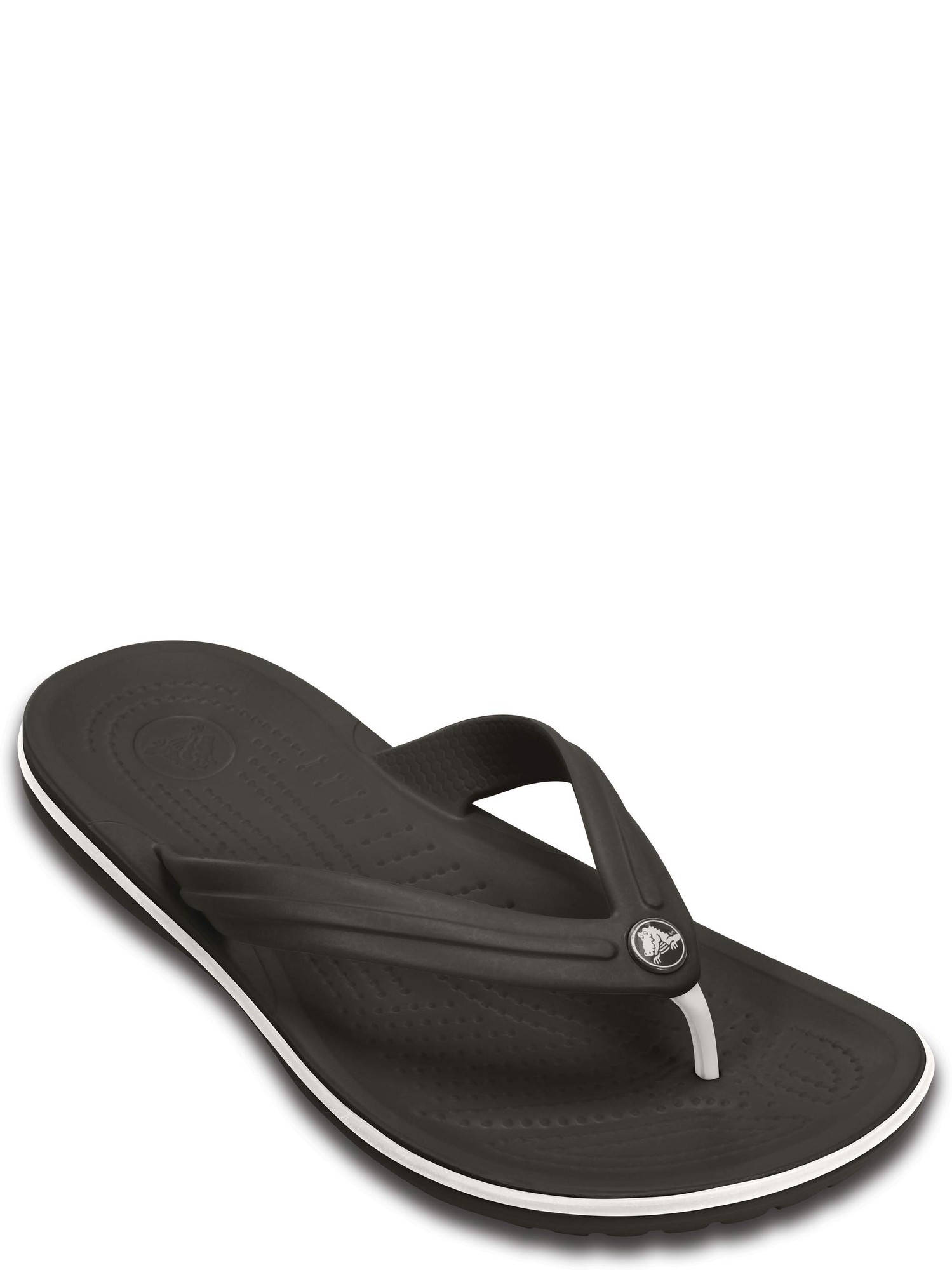 Black Crocs unisex Crocband flip-flop featuring a minimalist design, rubber material, contrasting white band, and a decorative logo embellishment.