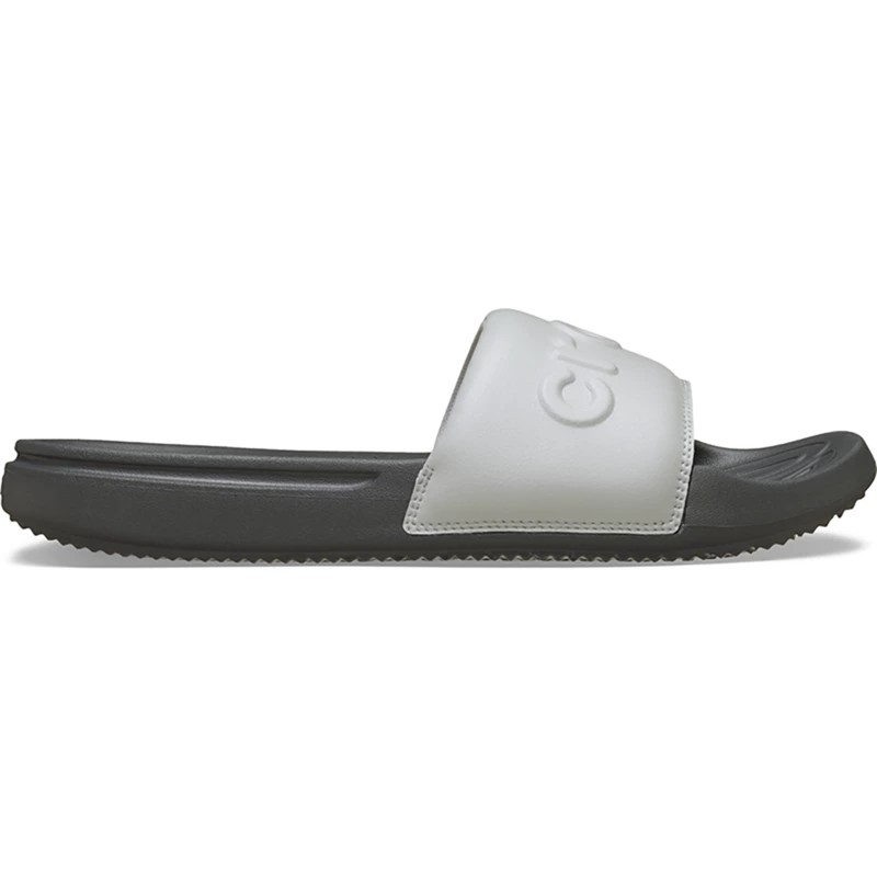 Grey Crocs All Day slides for men featuring a soft, textured strap with the Crocs logo and a cushioned footbed for comfort.