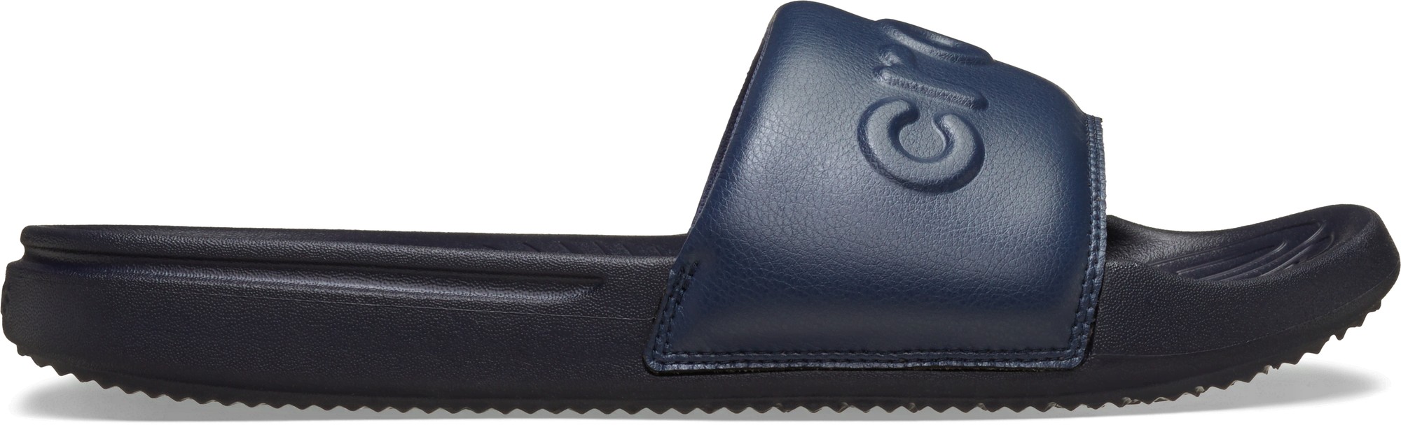 Navy Crocs All Day slides for men featuring a textured strap, cushioned footbed, and durable rubber outsole, designed for comfort and casual wear.
