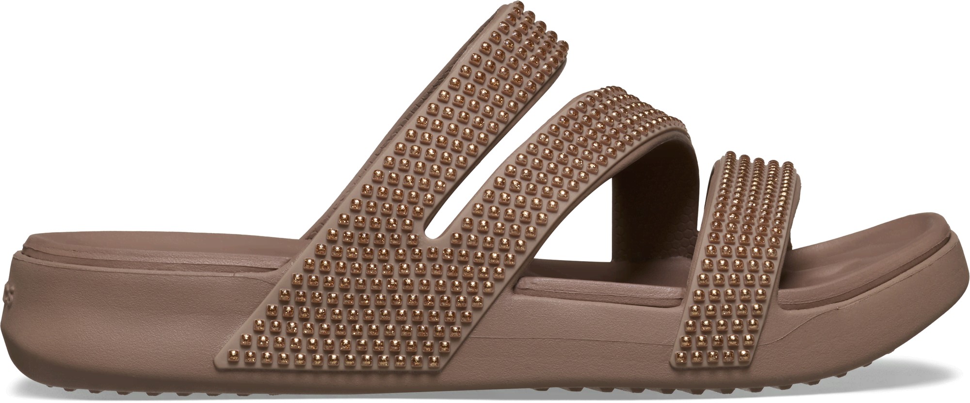 Brown strappy sandal featuring three wide bands adorned with gold studs, made from lightweight material, designed for comfort and style.