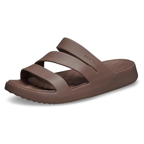 Truffle brown strappy sandals by Crocs featuring three wide straps and a cushioned sole, designed for comfort and casual wear.