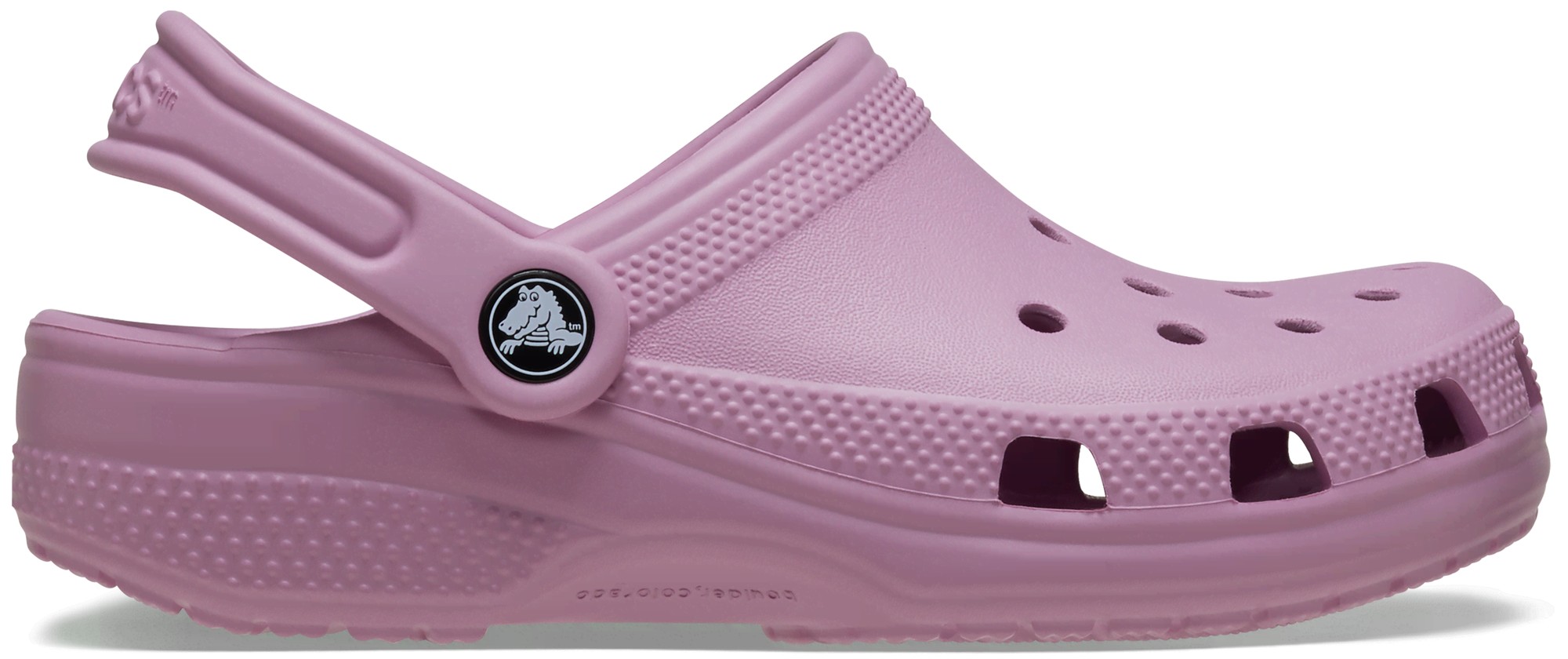 Hydrangea-colored Crocs Kids Classic Clogs for toddlers, made of synthetic material, featuring ventilation holes and a back strap for secure fit. Size 9 Toddler M.