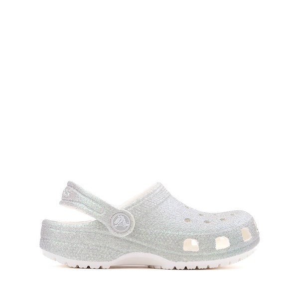 Iridescent glitter casual clogs in white, featuring a back strap, ventilation holes, and a textured surface, designed for kids in size regular 11 by Crocs.