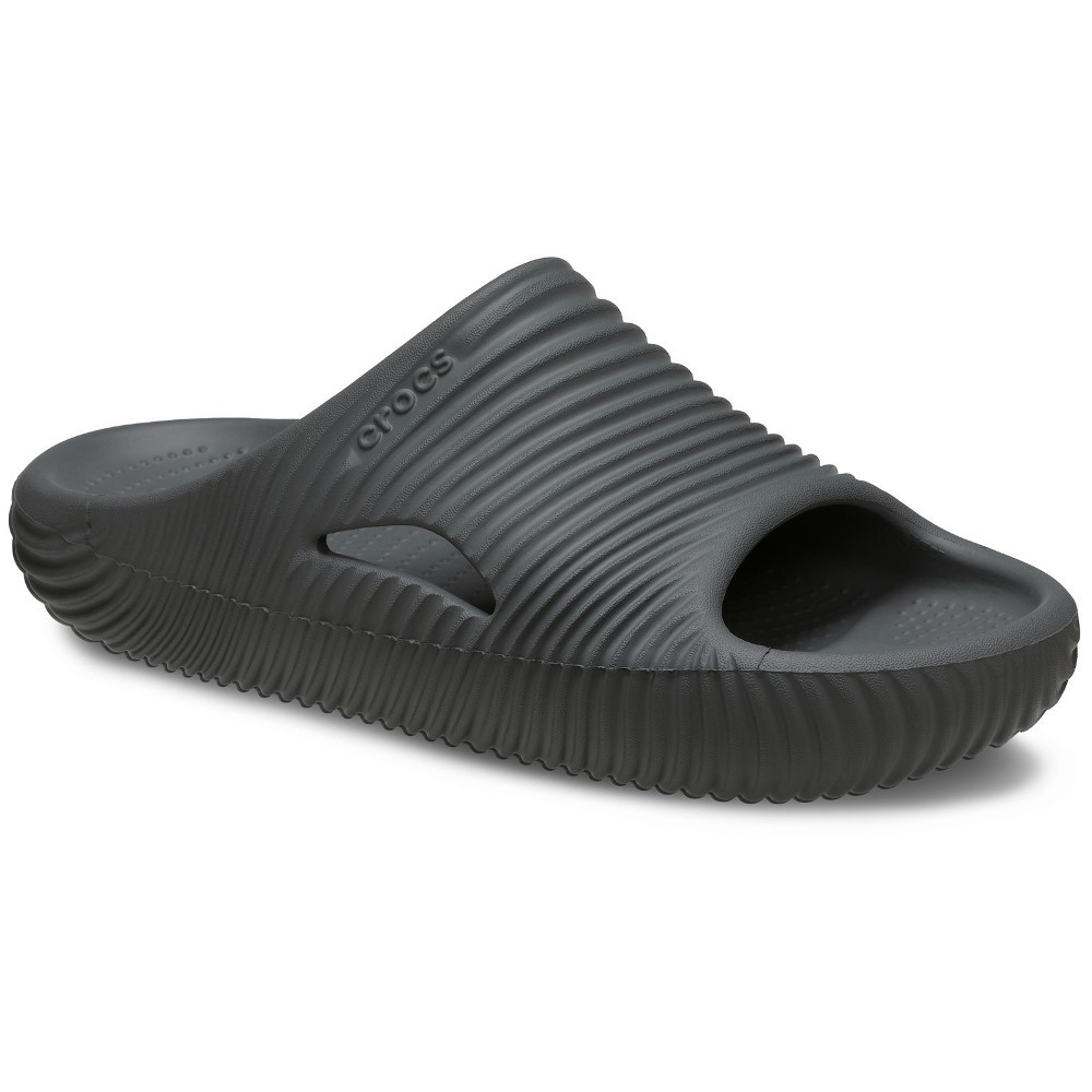 Slate grey Crocs Mellow Tide Recovery Slide featuring a textured ribbed design, open toe, and cushioned footbed for comfort, suitable for women’s size 7 or men’s size 5.