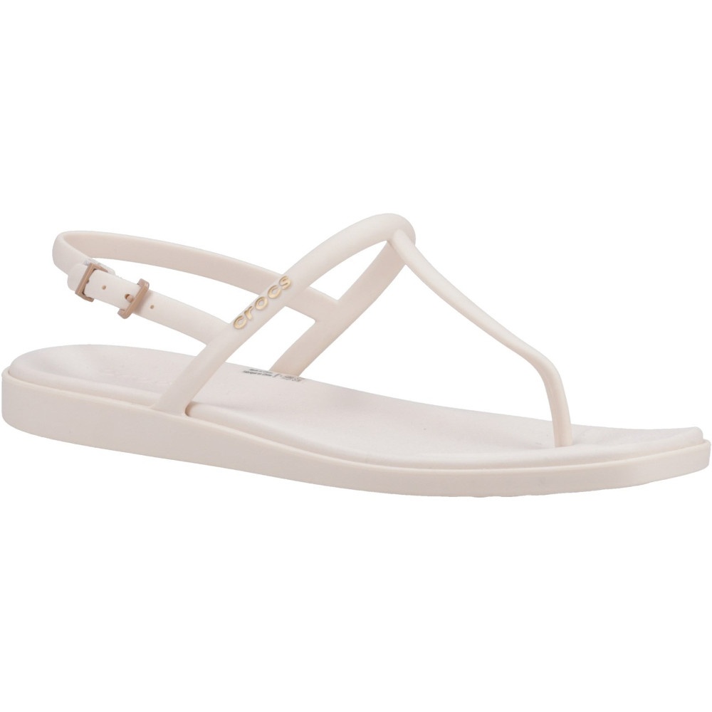 Dew white Crocs women's Miami thong flip sandals featuring a minimalist design, adjustable ankle strap, and cushioned footbed for comfort.