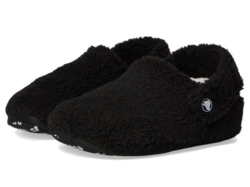 Black Crocs Cozzzy Slipper flip-flops made of thermoplastic, featuring a soft, fuzzy exterior and a comfortable, cushioned sole, designed for unisex wear in size 1.