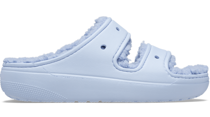 Blue Calcite Crocs Women's Classic Cozzzy Sandal featuring a soft, fluffy lining, open-toe design, and adjustable straps for comfort.