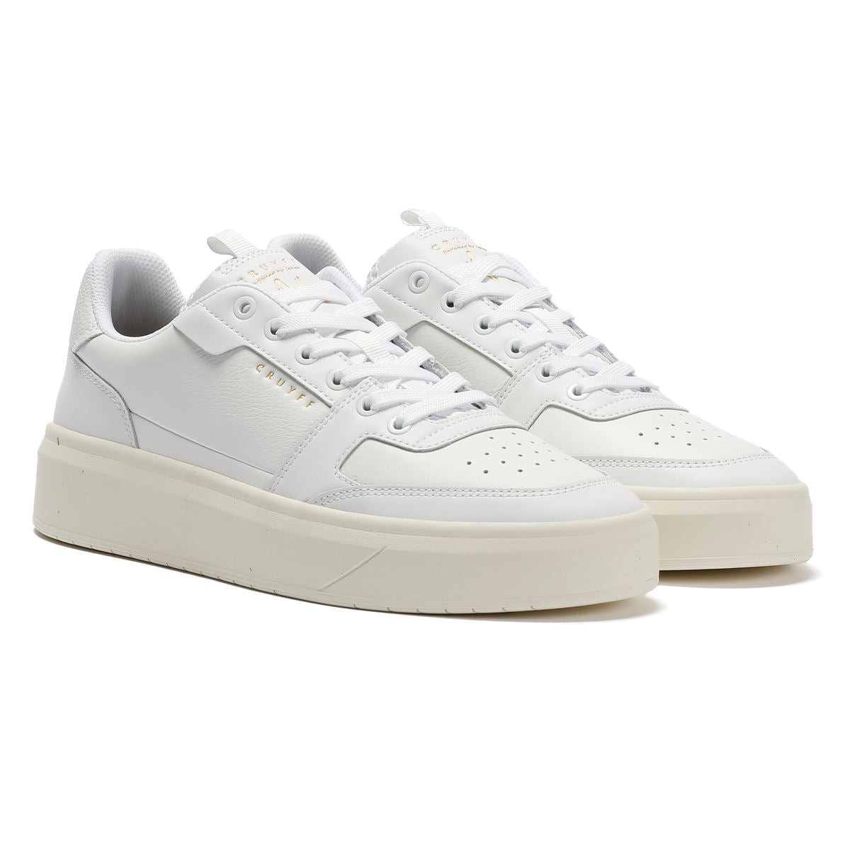 White leather trainers with a sleek design, featuring a chunky sole, perforated toe box, and subtle Cruyff branding on the side.