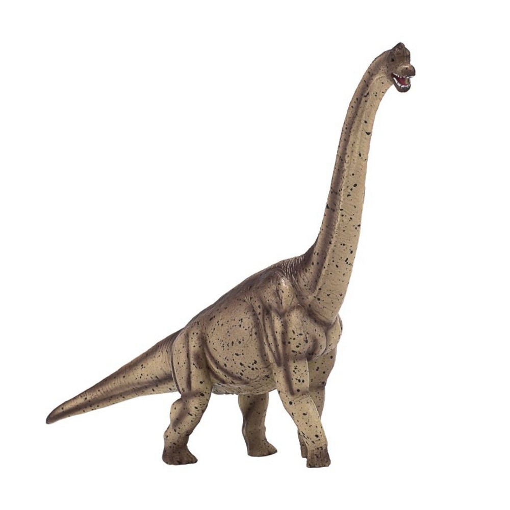 Yellow and grey Brachiosaurus toy figure with a long neck, detailed body texture, and a smiling mouth, made of durable plastic, suitable for ages 3 and above.