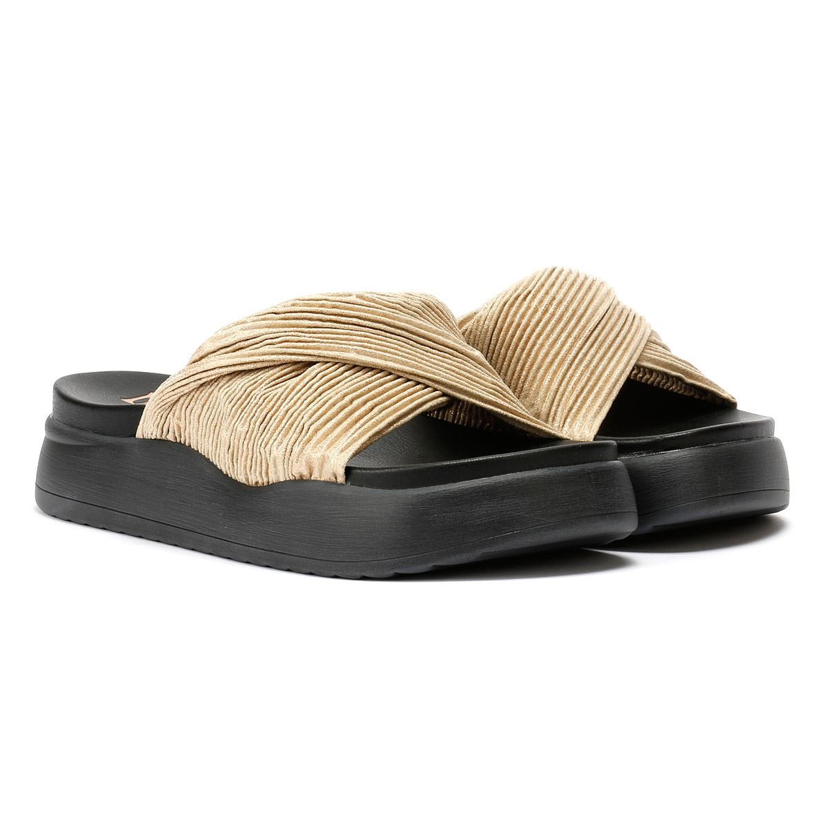 Gold pleated satin women's sandals with a textured cross strap design, set on a chunky black platform sole for added height and comfort.