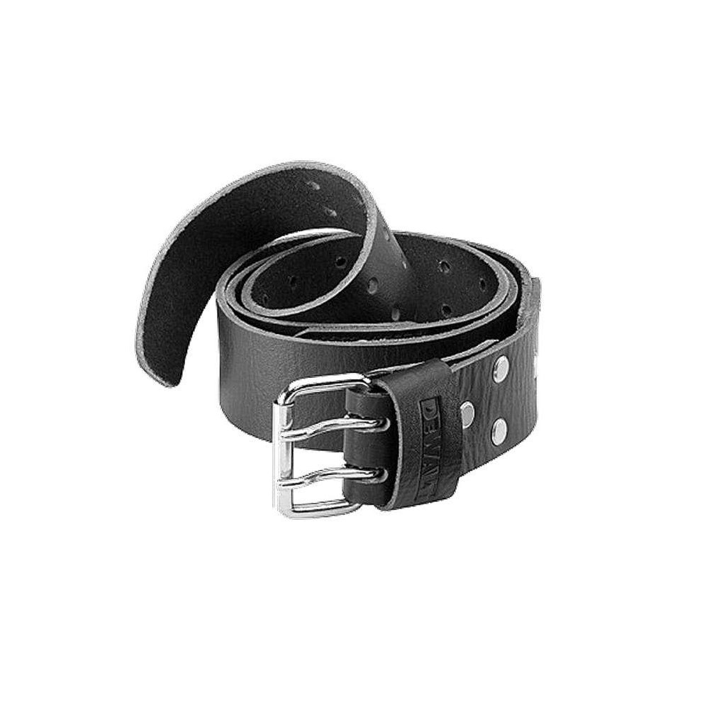 Heavy-duty black leather belt featuring silver metal buckle and multiple holes for adjustable sizing, branded with "DeWalt" on the leather.