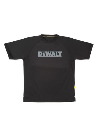 Black lightweight performance t-shirt featuring a prominent gray "DEWALT" logo across the chest, made from breathable material, with short raglan sleeves.