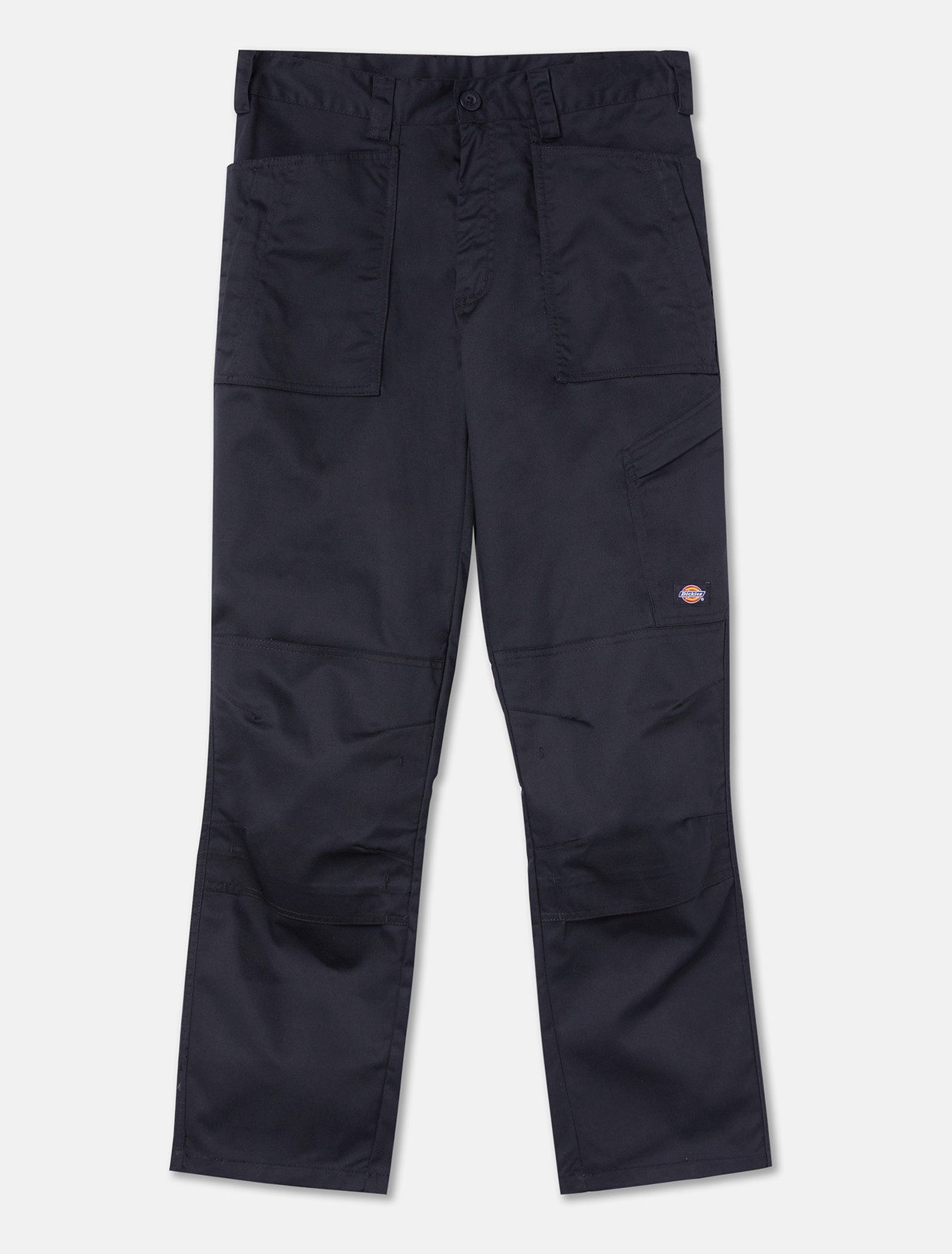 Black outdoor trousers made of polyester, featuring multiple pockets, a relaxed fit, and reinforced knees, designed for flexibility and durability.