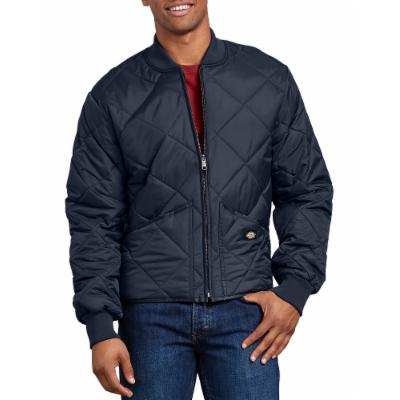 Navy diamond quilted nylon jacket with ribbed cuffs and collar, featuring a front zipper and side pockets, worn by a man in a casual setting, size small.