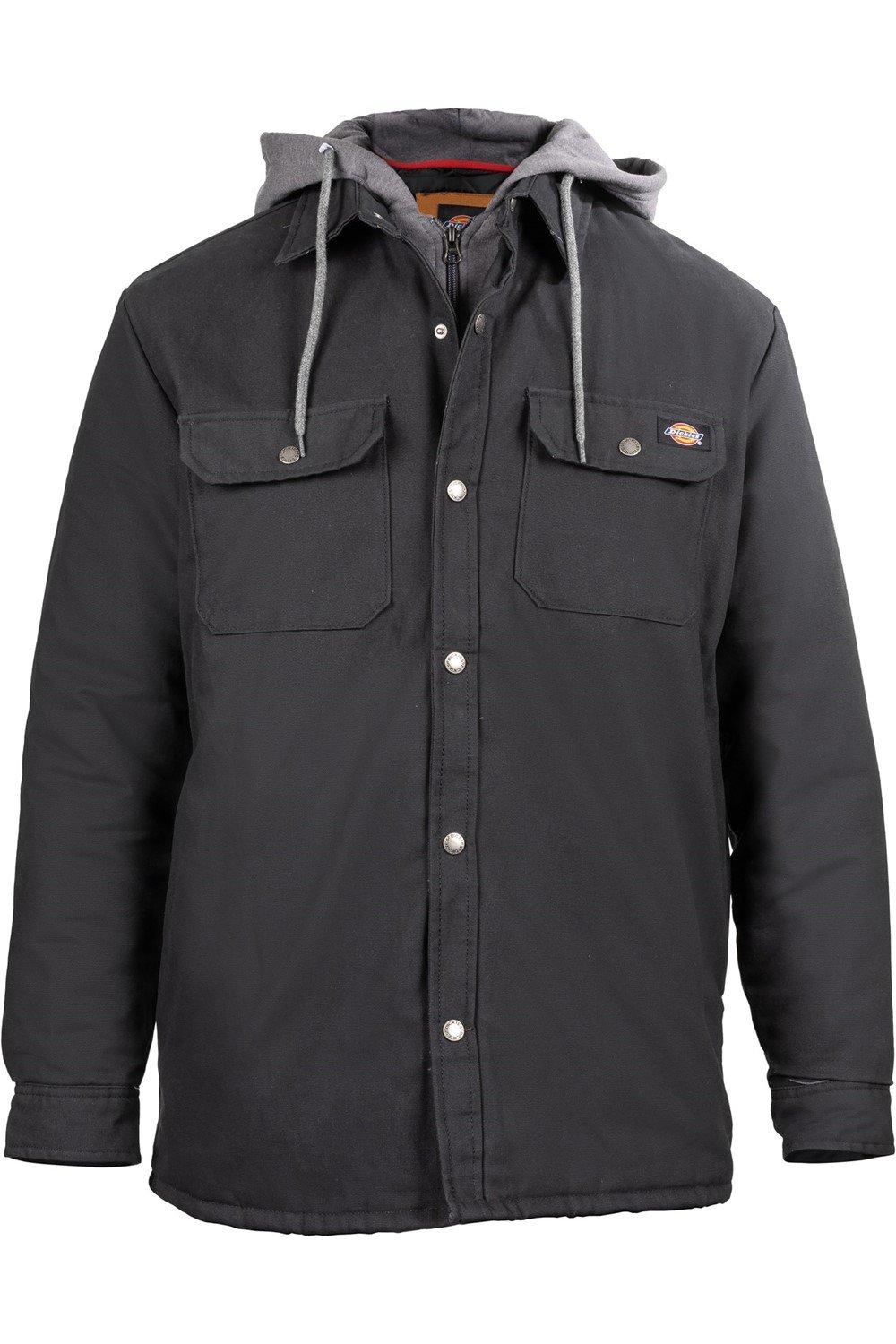 Black shirt jacket by Dickies featuring a grey hood, two chest pockets with button closures, and a durable fabric suitable for casual wear.
