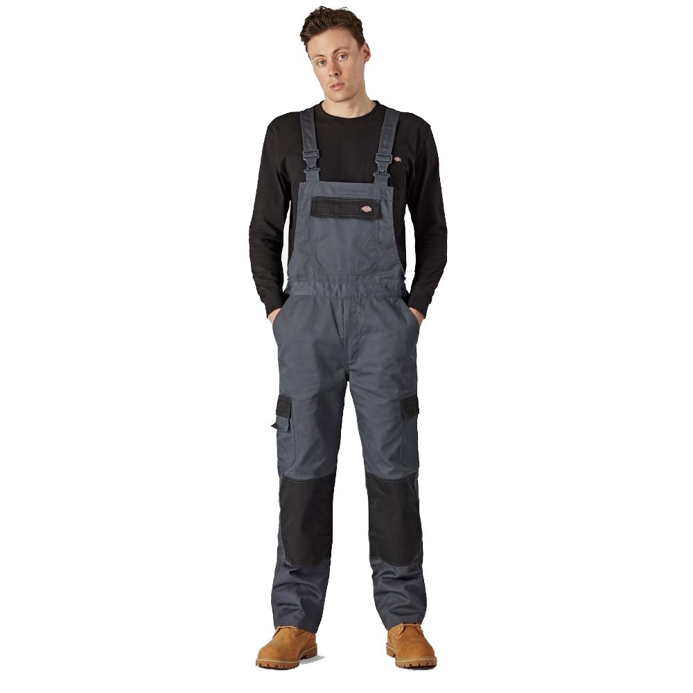 Grey Dickies 'Everyday Bib and Brace' boiler suit featuring adjustable straps, multiple pockets, and reinforced knee panels, designed for durability, in size 2X-large.
