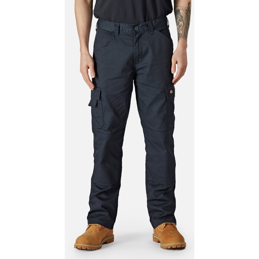 Men's blue outdoor trousers made of durable polyester, featuring cargo pockets, a straight fit, and a waistband with belt loops, paired with brown work boots.