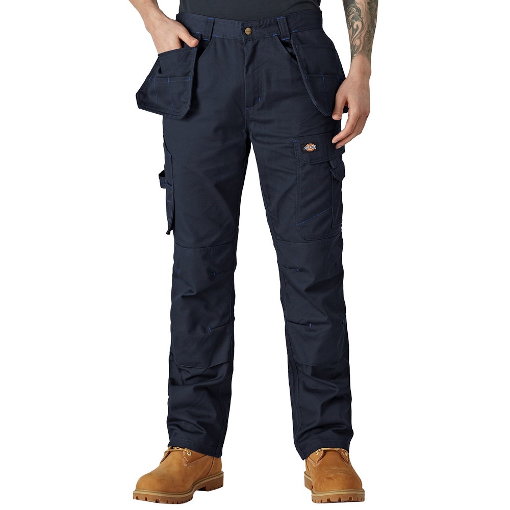 Men's blue outdoor trousers made of durable polyester, featuring multiple pockets, a relaxed fit, and reinforced knees, ideal for work or outdoor activities.