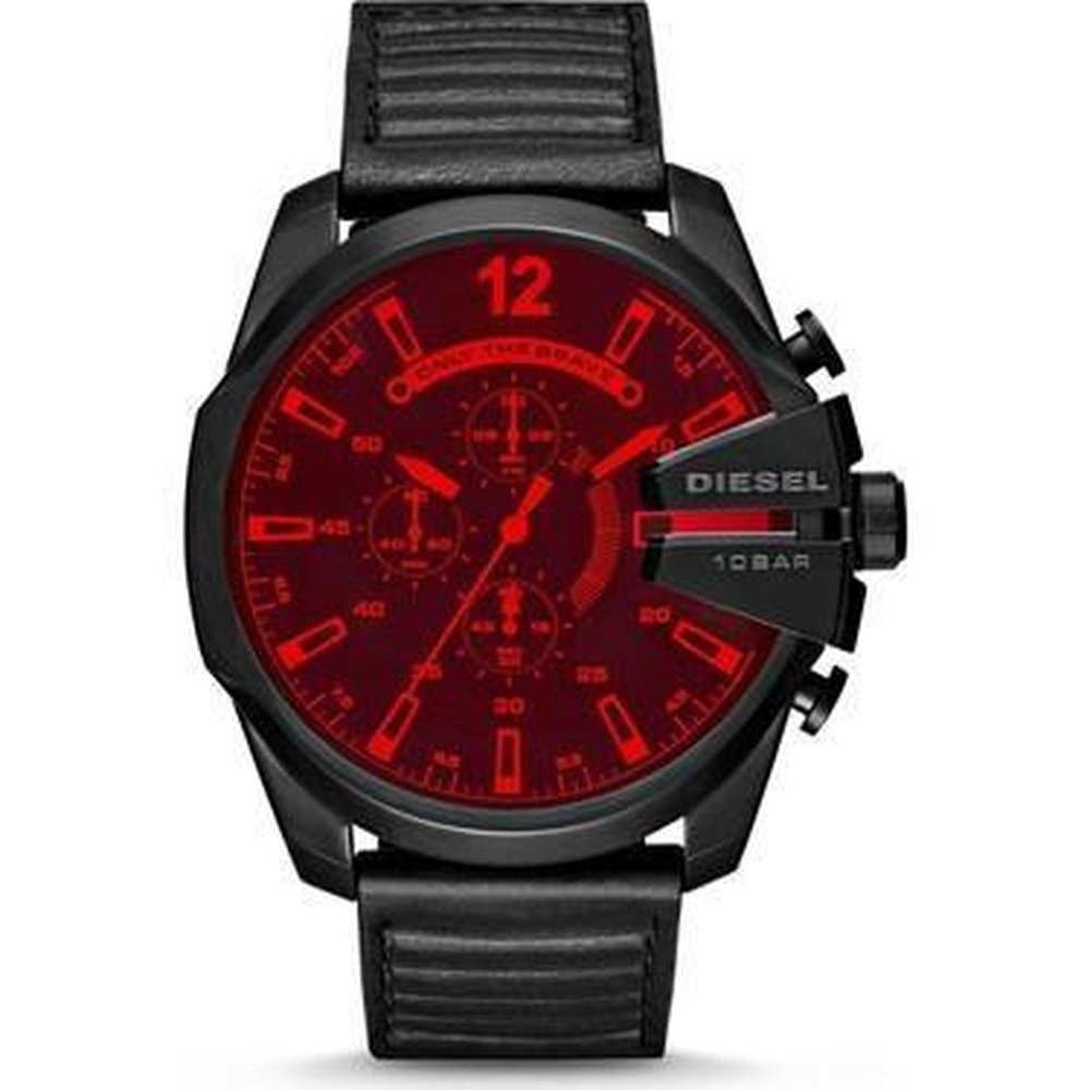 Diesel DZ4460 Mega Chief watch features a striking red dial with black accents, chronograph functions, and a textured black leather strap, water-resistant up to 10 bar.