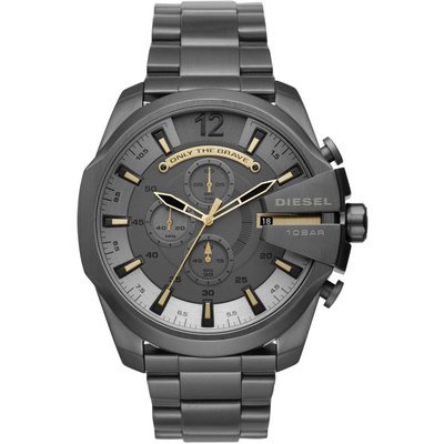 Men's Diesel DZ4466 watch features a gray stainless steel band, a bold gray dial with gold accents, three sub-dials, and a large 12 at the top, showcasing a sporty design.