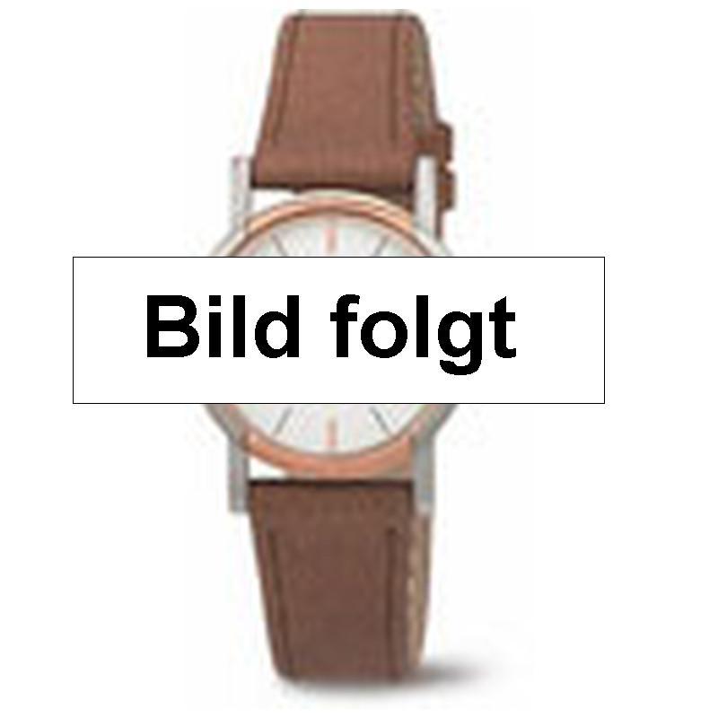 Brown leather strap watch with a silver stainless steel case, featuring a white dial with rose gold accents and bold hour markers.