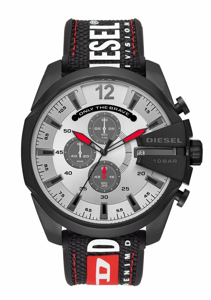 Black and silver Diesel DZ4512 men's watch featuring a bold round face, three sub-dials, red accents, and a textured black strap with white "DIESEL" branding.