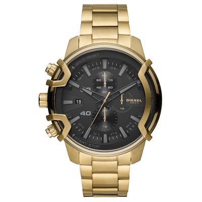 Gold-tone stainless steel bracelet watch featuring a 48mm case, black dial with chronograph functions, and prominent pushers on the side.