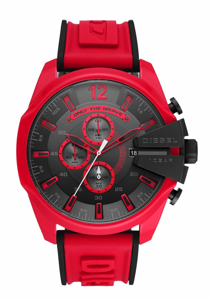 Red and black Diesel DZ4526 men's watch featuring a bold round case, chronograph dials, large numerals, and a rubber strap, emphasizing a sporty and modern design.