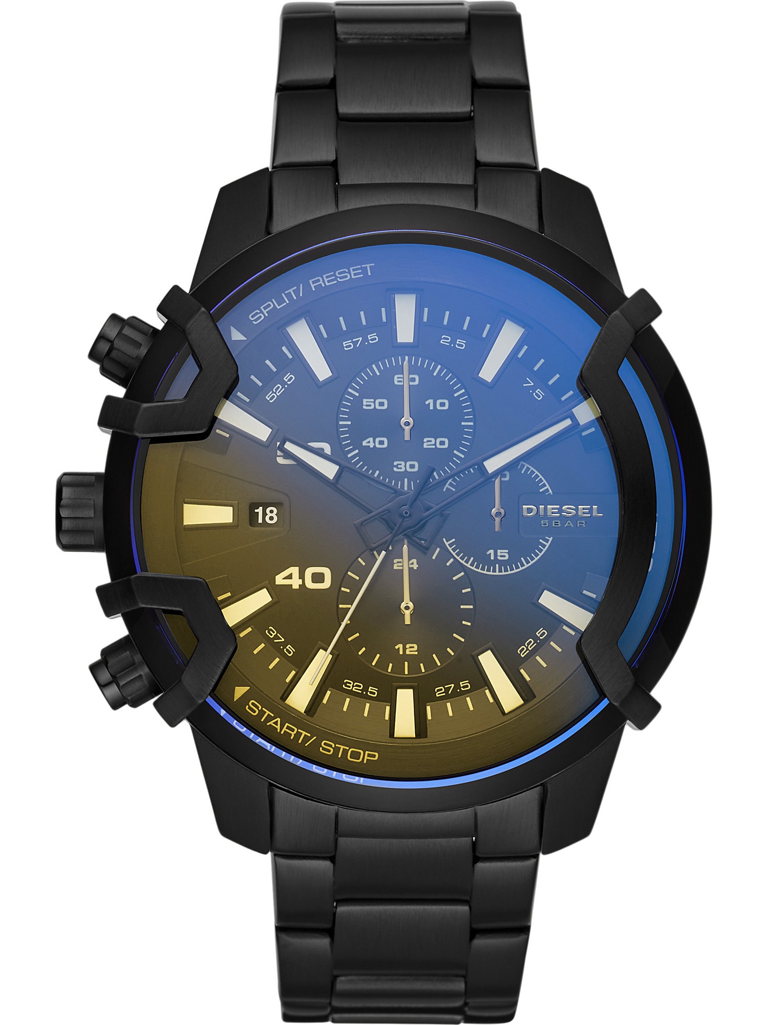 Black stainless steel Diesel DZ4529 men's watch featuring a gradient blue to yellow dial, chronograph functions, bold hour markers, and a sturdy link bracelet.
