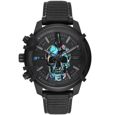 Black leather strap watch featuring a bold skull design on the face, chronograph functions, and a striking black and blue color scheme.
