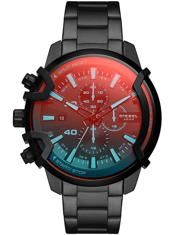 Black stainless steel men's watch with a bold red and blue gradient dial, featuring chronograph subdials, prominent hour markers, and a unique grip-style crown.