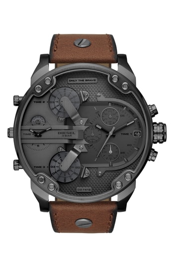 Brown leather strap watch featuring a large gray dial with multiple chronograph sub-dials, silver-tone accents, and a date display, showcasing a bold and rugged design.