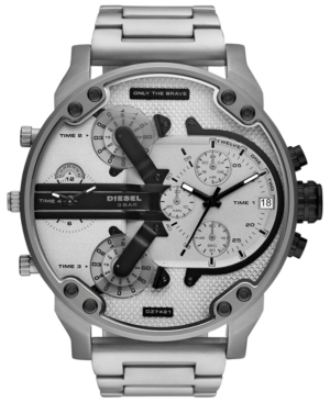 Silver stainless steel Diesel DZ7421 Mr. Daddy 2.0 chronograph watch features a textured white dial, multiple sub-dials, bold black hands, and a date display at 6 o'clock.