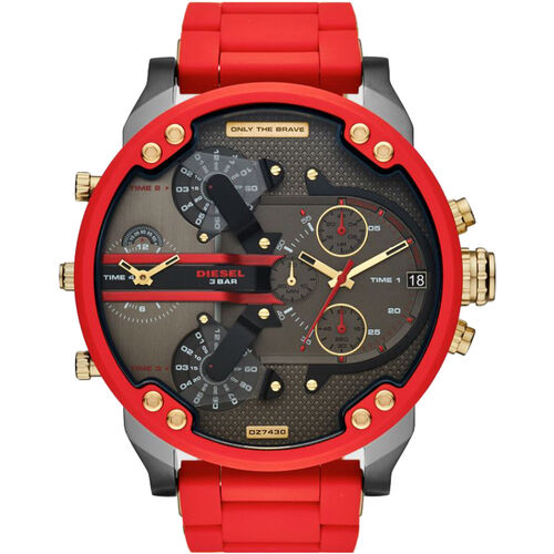 Red silicone strap chronograph watch with a black dial, gold accents, and three sub-dials, featuring bold "DIESEL" branding and a date display at 6 o'clock.