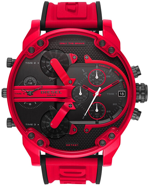 Bold red Diesel DZ7431 men's watch featuring a textured black dial, multiple sub-dials, and a durable rubber strap, showcasing a sporty and modern design.