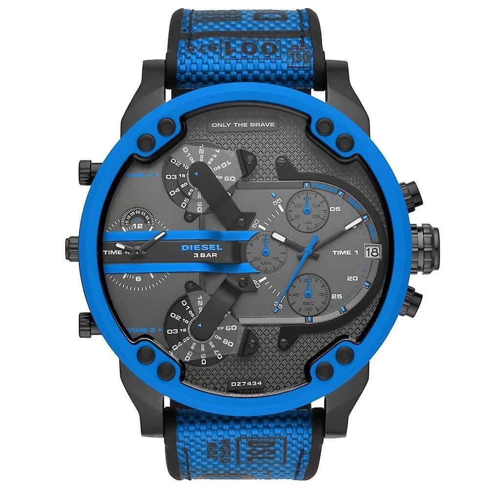 Diesel DZ7434 Mr. Daddy 2.0 chronograph men's watch features a black case, blue accents, textured black dial, multiple sub-dials, and a blue woven strap.