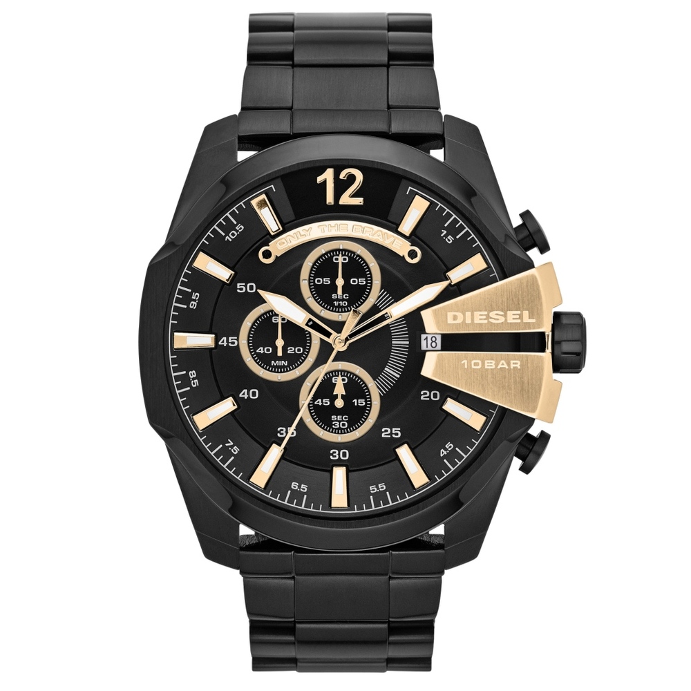 Black PVD plated chronograph watch featuring a bold black dial, gold accents, three sub-dials, a date window, and a sturdy black metal bracelet.