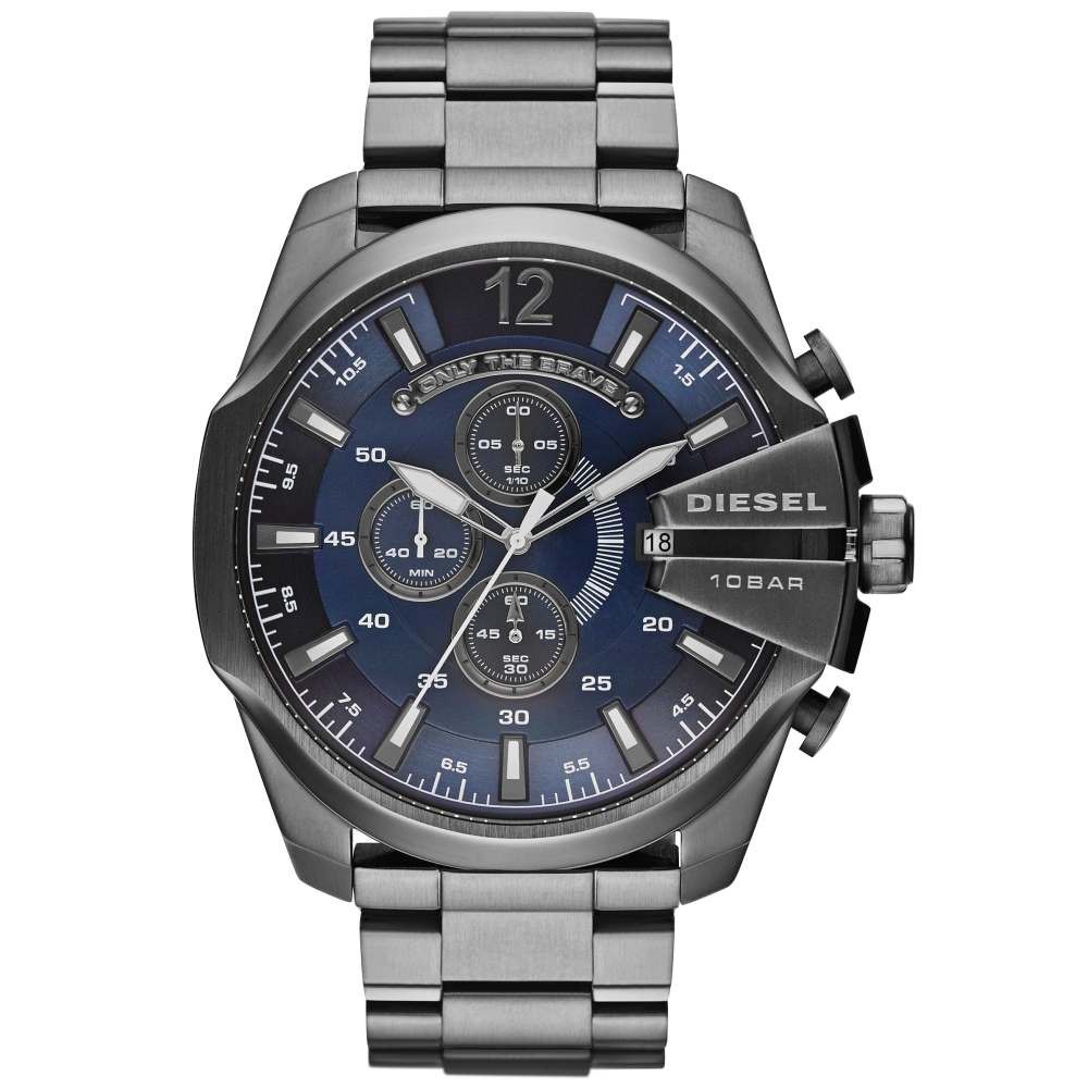 Diesel DZ4329 Mega Chief chronograph watch features a blue dial, silver stainless steel case, bold hour markers, and three sub-dials, complemented by a sturdy bracelet.