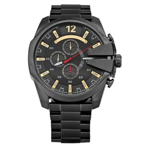 Diesel Mega Chief DZ4421 men's chronograph watch features a 51mm black case, grey dial with gold accents, and a sturdy black steel bracelet.