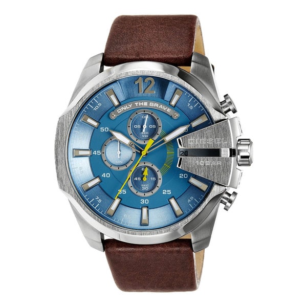 Men's Diesel Mega Chief DZ4281 chronograph watch featuring a 51mm light blue dial, brown leather strap, stainless steel case, and three sub-dials with bold hour markers.