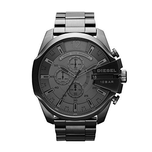 Black steel Diesel DZ4282 Mega Chief watch features a large round face, bold hour markers, chronograph sub-dials, and a date display, all with a sleek matte finish.