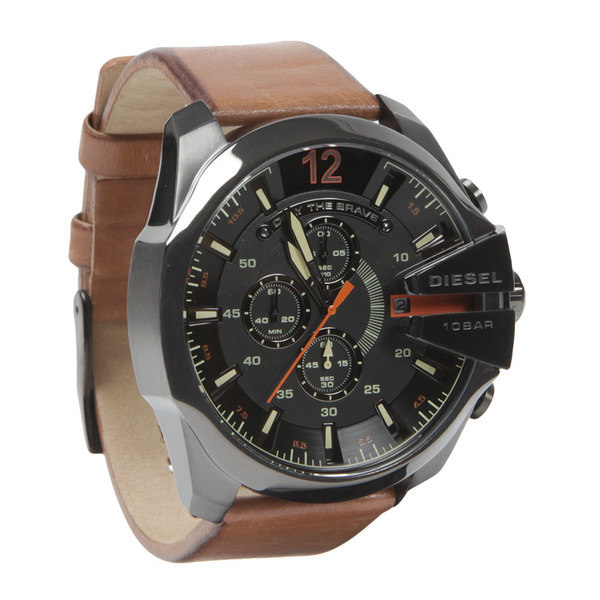 Diesel Mega Chief DZ4343 men's chronograph watch features a 51mm black dial, brown leather strap, bold hour markers, and a distinctive side crown for a rugged look.