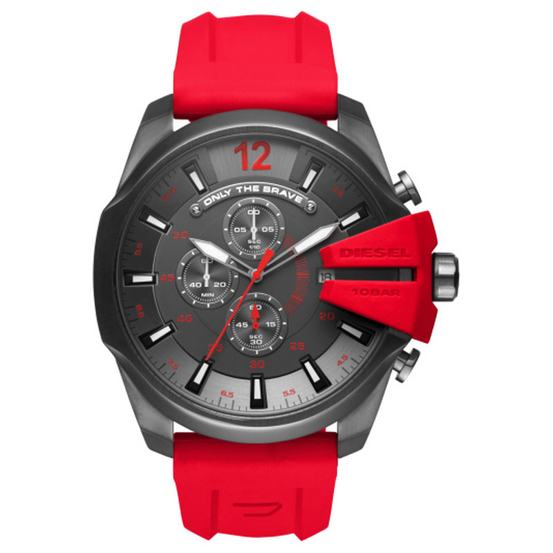 Men's Diesel Mega Chief DZ4427 chronograph watch featuring a 51mm gunmetal dial, red silicone strap, bold red accents, and multiple subdials for timing functions.