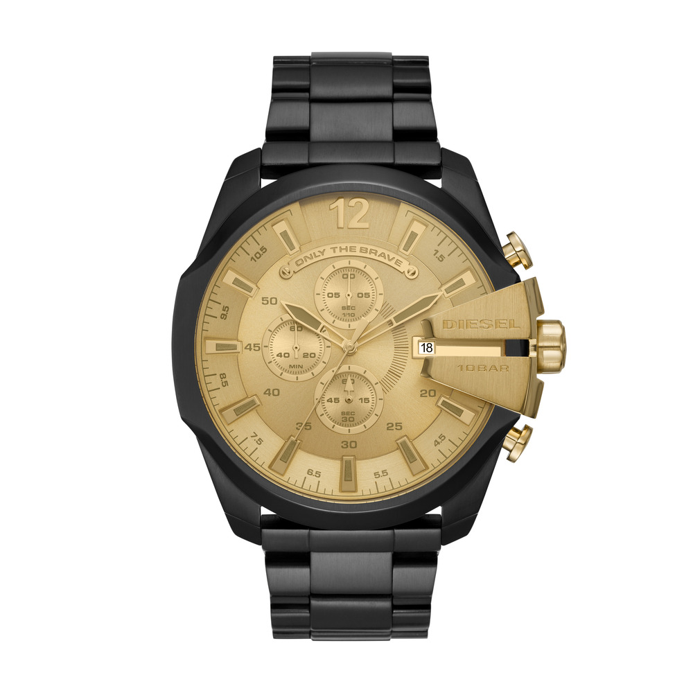 Men's Diesel Mega Chief DZ4485 chronograph watch features a 51mm gold dial with black steel bracelet, three sub-dials, bold hour markers, and a prominent crown on the side.