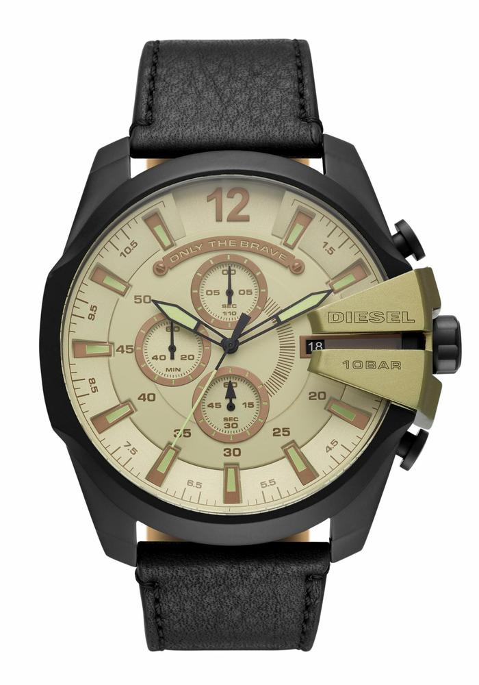 Men's Diesel Mega Chief Chronograph Watch features a black stainless steel case, beige dial with gold accents, three sub-dials, and a black leather strap, water-resistant up to 10 bar.