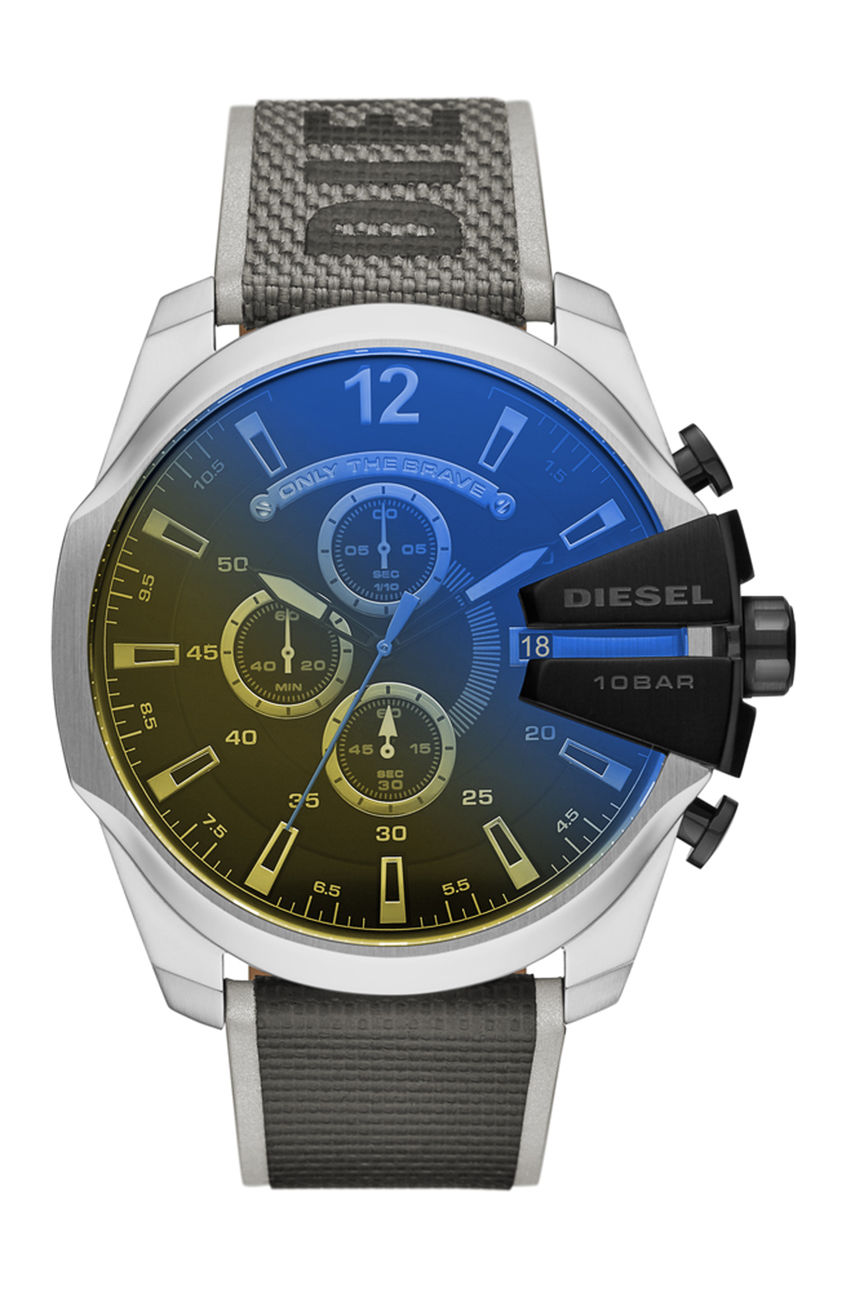 Diesel Mega Chief DZ4523 men's chronograph watch featuring a 51mm black iridescent dial, grey nylon strap, and bold hour markers with three sub-dials and a prominent crown.