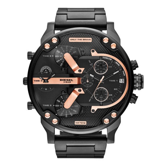 Diesel Mr. Daddy 2.0 DZ7312 men's chronograph watch features a 57mm black dial with rose gold accents, multiple sub-dials, and a durable steel bracelet.