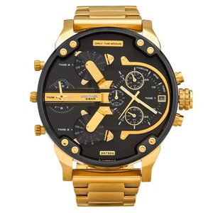 Gold-toned Diesel DZ7333 watch featuring a black dial, multiple sub-dials, bold hour markers, and a sturdy metal bracelet.