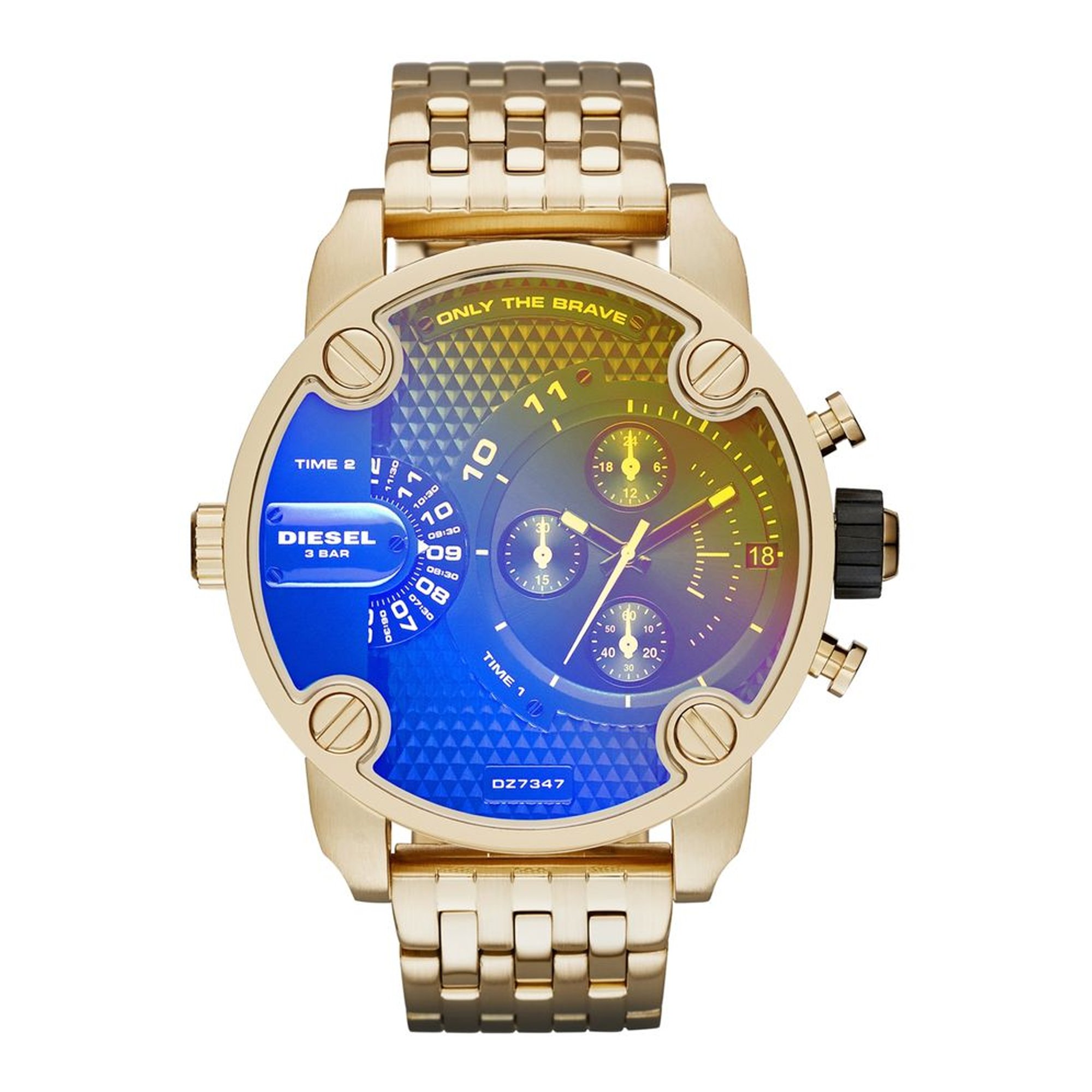 Gold-tone Diesel Little Daddy DZ7347 watch featuring a dual time chronograph, blue gradient dial, three sub-dials, and a sturdy gold bracelet.